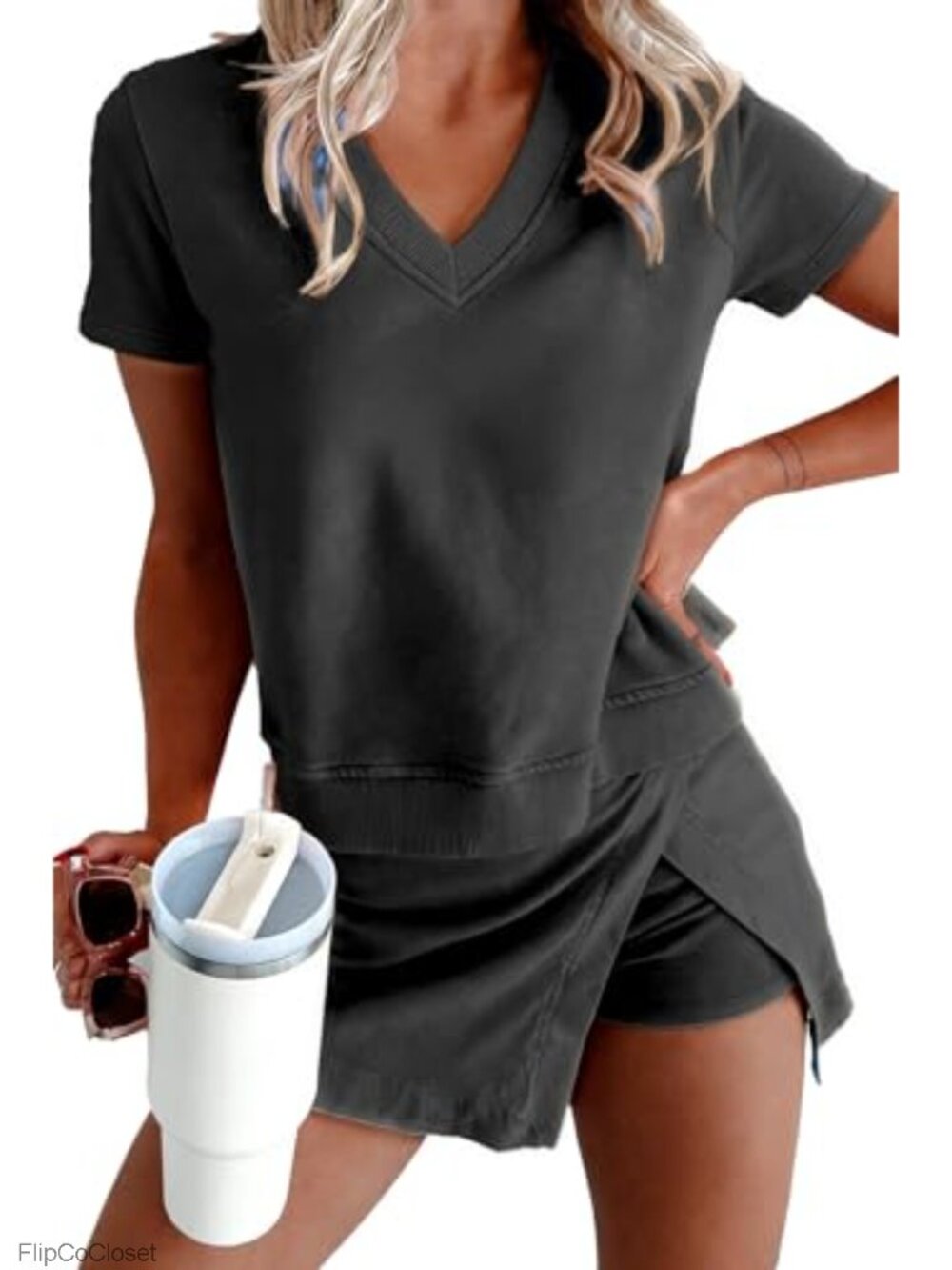 Womens Mineral Wash 2 Piece Lounge Set V-Neck Tee Split Skort